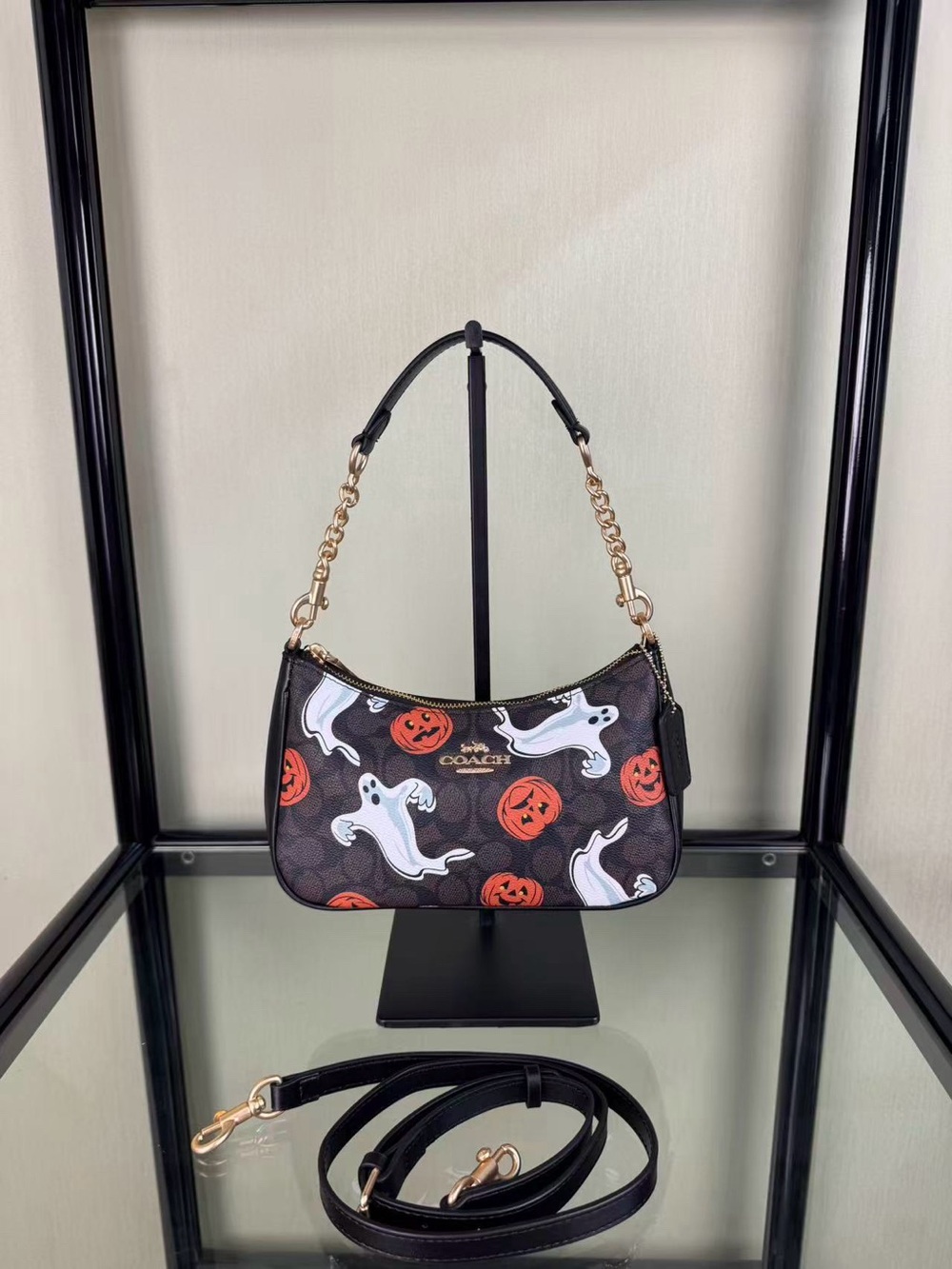 Coach Black Shoulder Bag with White Ghosts and Orange Jack-o'-Lanterns